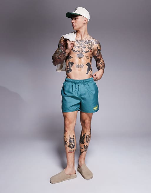 DESIGN Swim Shorts In Short Length With Placement Print In Green