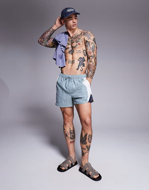 DESIGN Swim Shorts In Short Length With Side Vent Cut And Sew In Blue