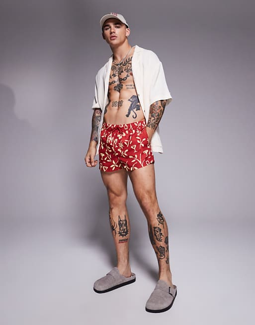 DESIGN Swim Shorts In Super Short Length In Floral Print In Red