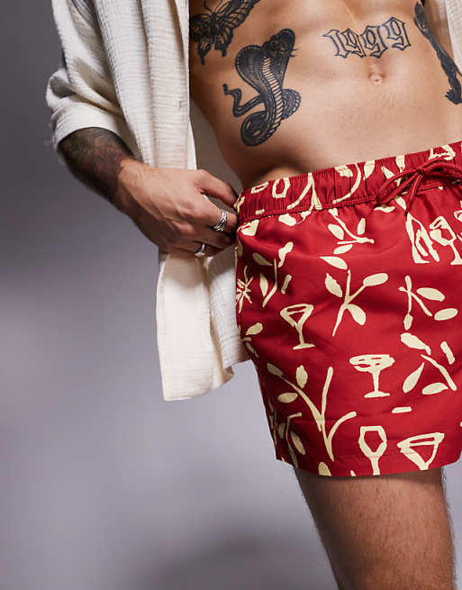 DESIGN Swim Shorts In Super Short Length In Floral Print In Red