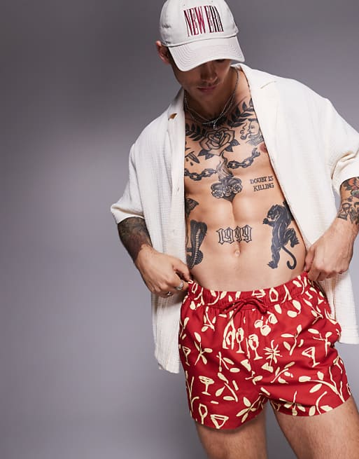 DESIGN swim shorts in super short length in floral print in red