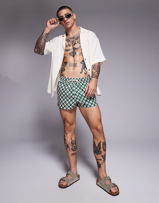 DESIGN Swim Shorts In Super Short Length In Geo Print In Green