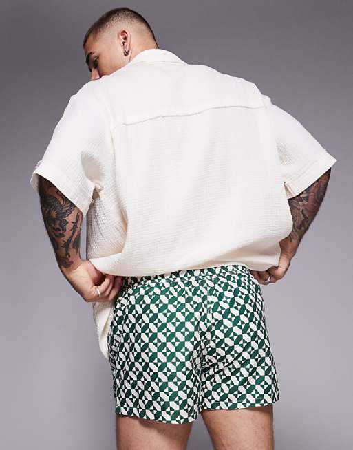 DESIGN Swim Shorts In Super Short Length In Geo Print In Green