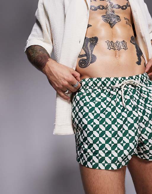 DESIGN Swim Shorts In Super Short Length In Geo Print In Green