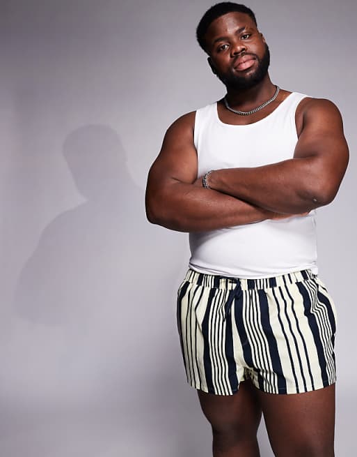 DESIGN Swim Shorts In Super Short Length In Yellow And Navy Stripe