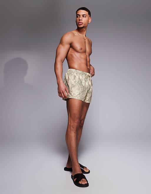 DESIGN Swim Shorts In Super Short Length With Snake Print In Stone