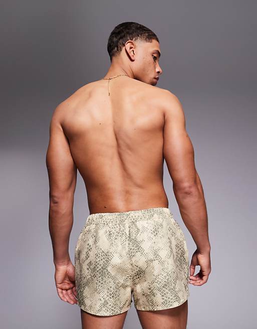 DESIGN Swim Shorts In Super Short Length With Snake Print In Stone