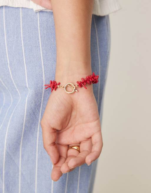 DESIGN T Bar Bracelet With Faux Coral Beading In Red