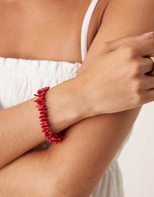 DESIGN t bar bracelet with faux coral beading in red