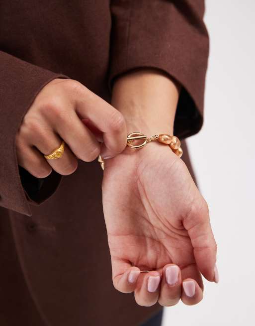 DESIGN T-bar Bracelet With Faux Pearl Detail In Gold Tone