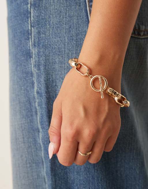DESIGN T-bar Bracelet With Textured Chain Links In Gold Tone