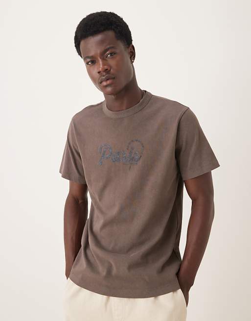 DESIGN t-shirt with high build city graphic in washed brown