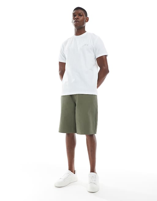 DESIGN T-shirt With Studio Embroidery In Textured Blue And Off White Stripe
