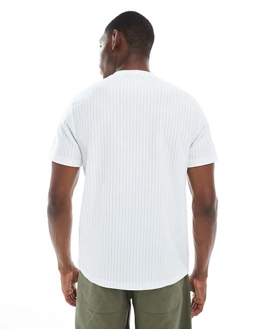 DESIGN T-shirt With Studio Embroidery In Textured Blue And Off White Stripe