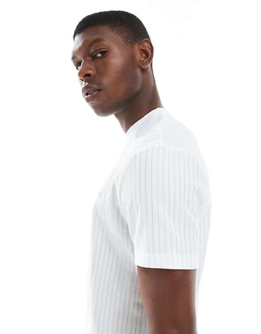 DESIGN T-shirt With Studio Embroidery In Textured Blue And Off White Stripe