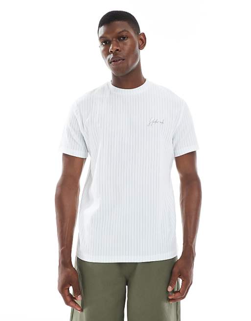 DESIGN t-shirt with studio embroidery in textured blue and off white stripe