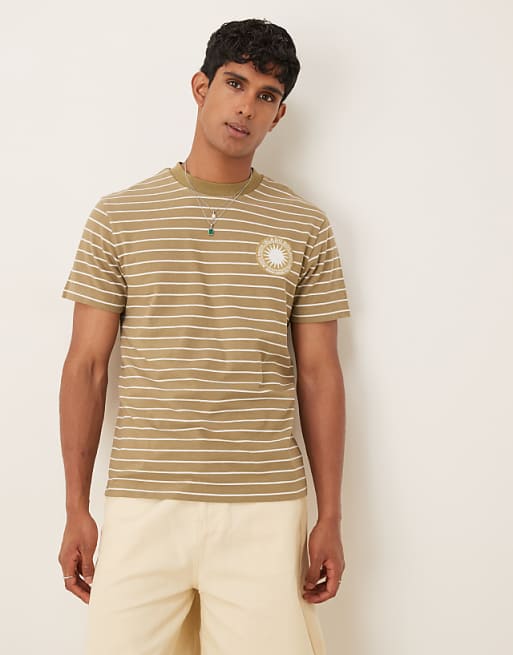 DESIGN t-shirt with sun chest graphic in khaki stripe