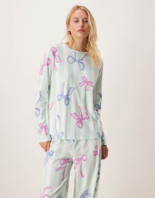 DESIGN Tall Christmas Bow Long Sleeve Top & Trouser Pyjama Set In Blue Stripe