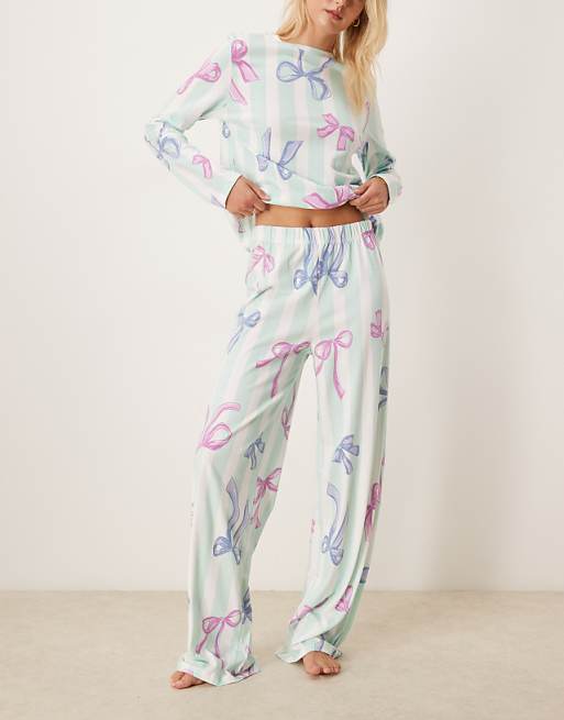 DESIGN Tall Christmas Bow Long Sleeve Top & Trouser Pyjama Set In Blue Stripe