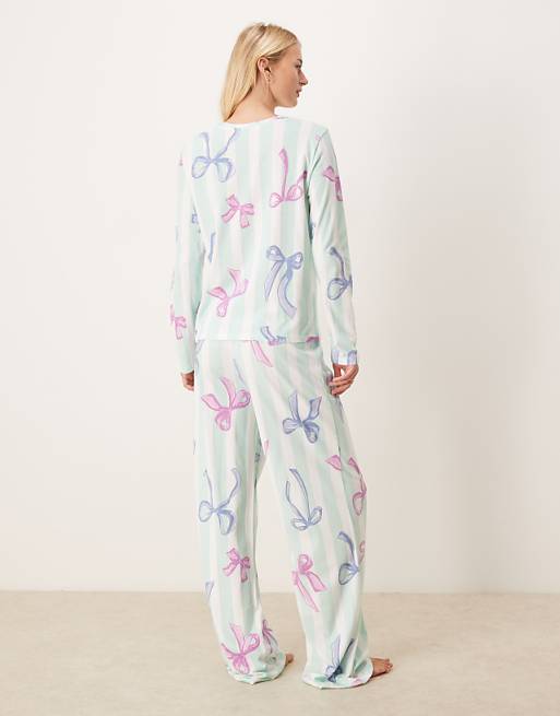 DESIGN Tall Christmas Bow Long Sleeve Top & Trouser Pyjama Set In Blue Stripe