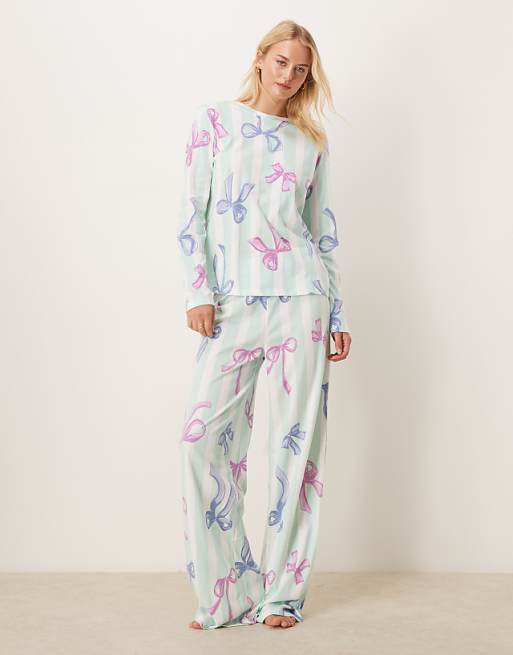 DESIGN Tall Christmas bow long sleeve top & trouser pyjama set in blue stripe