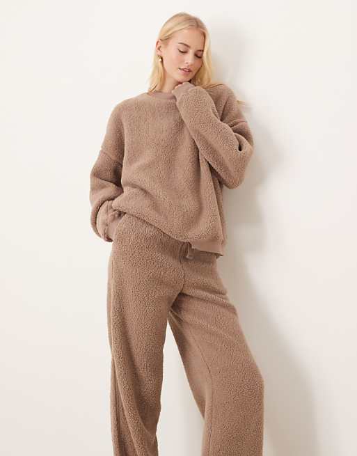 DESIGN Tall Lounge Cuddle Crew Neck Sweat & Wide Leg Trouser Set In Light Brown