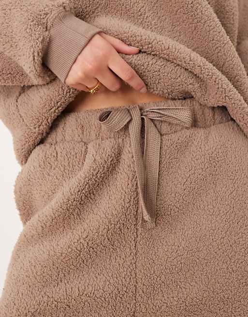 DESIGN Tall Lounge Cuddle Crew Neck Sweat & Wide Leg Trouser Set In Light Brown