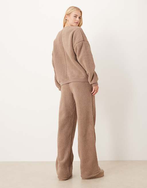 DESIGN Tall Lounge Cuddle Crew Neck Sweat & Wide Leg Trouser Set In Light Brown