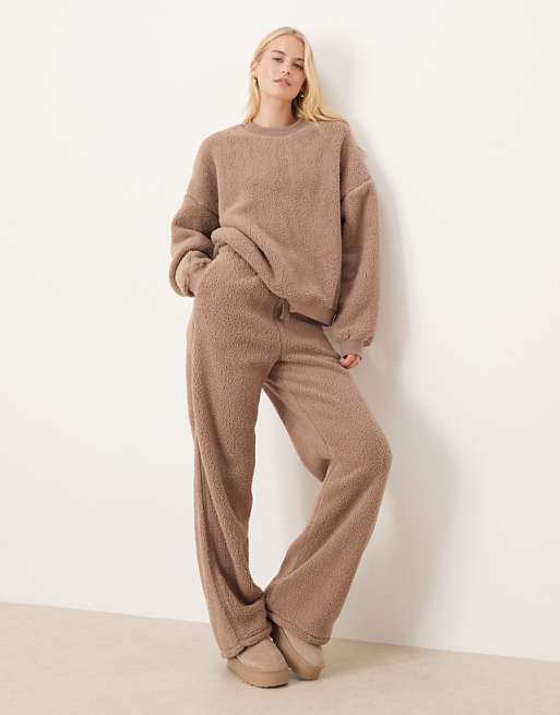 DESIGN Tall lounge cuddle crew neck sweat & wide leg trouser set in light brown