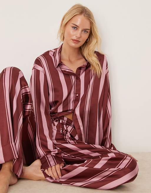 DESIGN Tall Oversized Satin Stripe Shirt And Trouser Pyjama Set In Burgundy Stripe