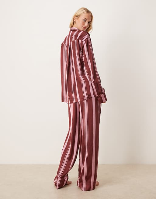 DESIGN Tall Oversized Satin Stripe Shirt And Trouser Pyjama Set In Burgundy Stripe