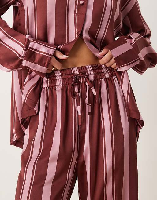 DESIGN Tall Oversized Satin Stripe Shirt And Trouser Pyjama Set In Burgundy Stripe