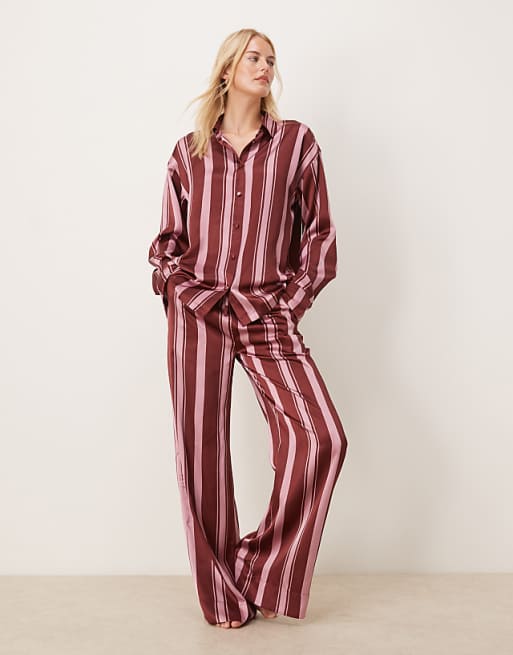 DESIGN Tall oversized satin stripe shirt and trouser pyjama set in burgundy stripe