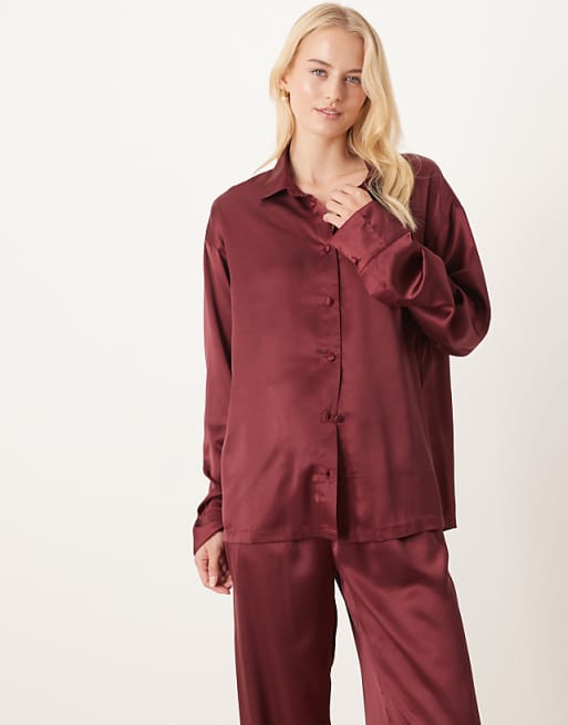 DESIGN Tall Satin Shirt And Trouser Pyjama Set In Burgundy