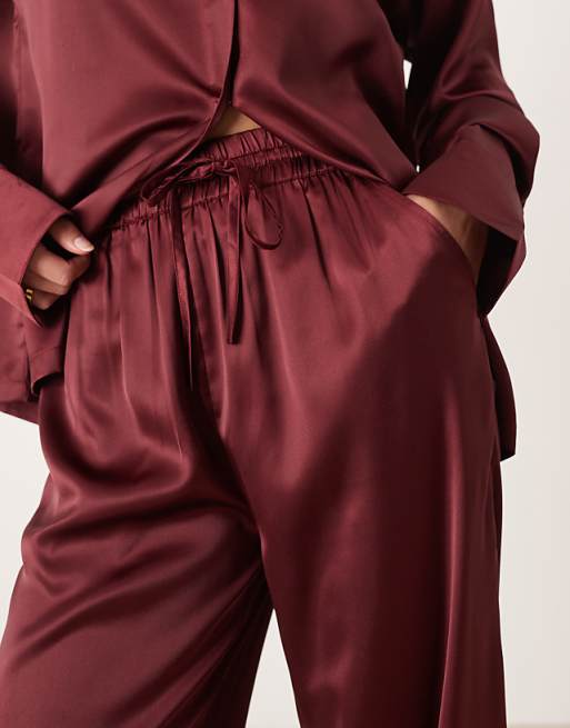 DESIGN Tall Satin Shirt And Trouser Pyjama Set In Burgundy