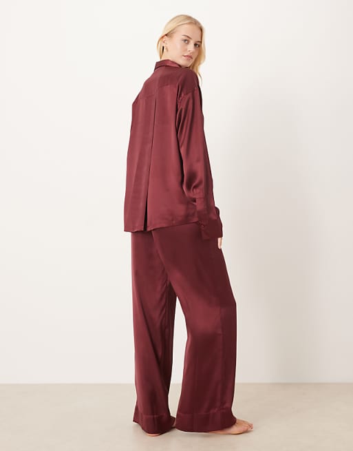 DESIGN Tall Satin Shirt And Trouser Pyjama Set In Burgundy