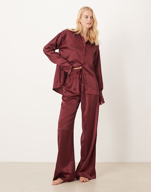 DESIGN Tall satin shirt and trouser pyjama set in burgundy