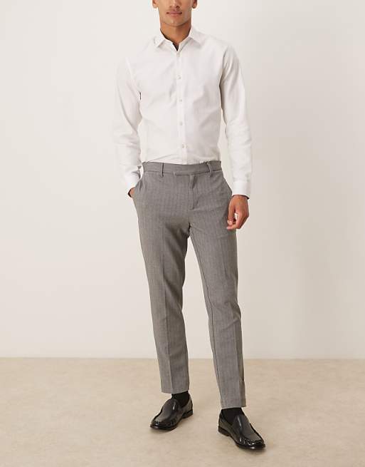 DESIGN Tapered Fit Wool Look Herringbone Smart Trousers In Grey