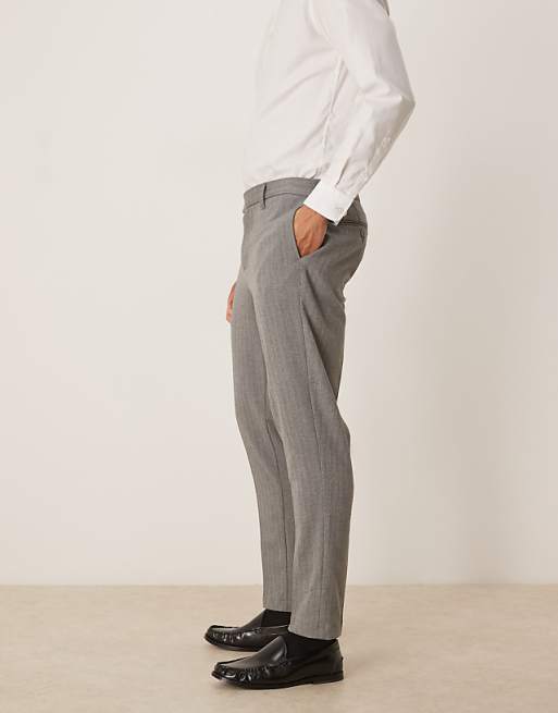 DESIGN Tapered Fit Wool Look Herringbone Smart Trousers In Grey