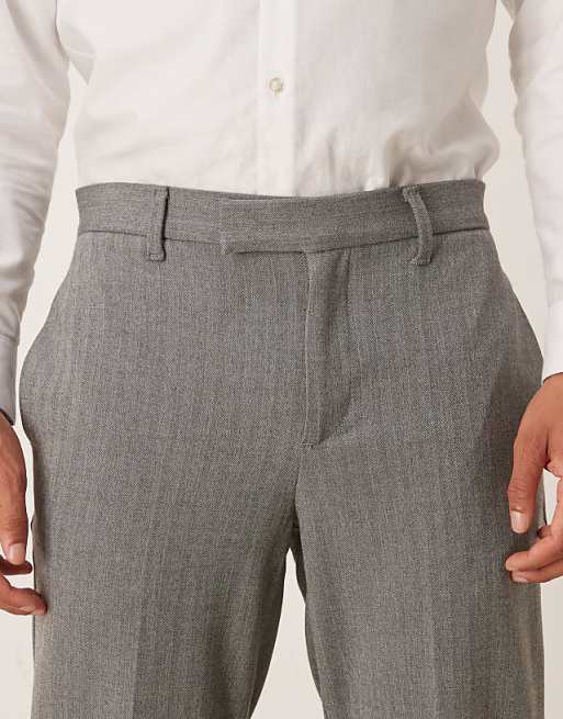 DESIGN Tapered Fit Wool Look Herringbone Smart Trousers In Grey