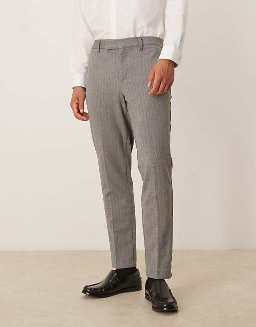 DESIGN tapered fit wool look herringbone smart trousers in grey