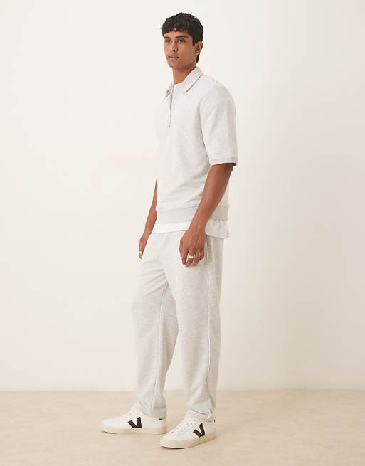 DESIGN Tapered Loopback Joggers With Side Piping In Grey Marl