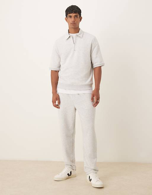 DESIGN tapered loopback joggers with side piping in grey marl