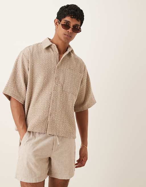 DESIGN textured half sleeve shirt in hessian