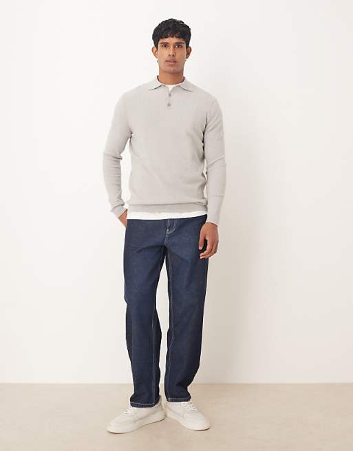 DESIGN Textured Knitted Polo In Grey
