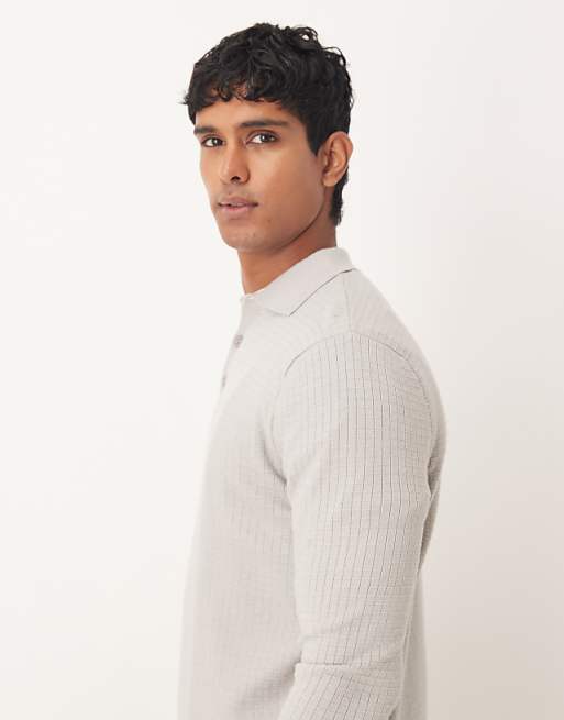 DESIGN Textured Knitted Polo In Grey