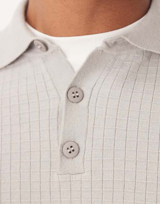 DESIGN Textured Knitted Polo In Grey