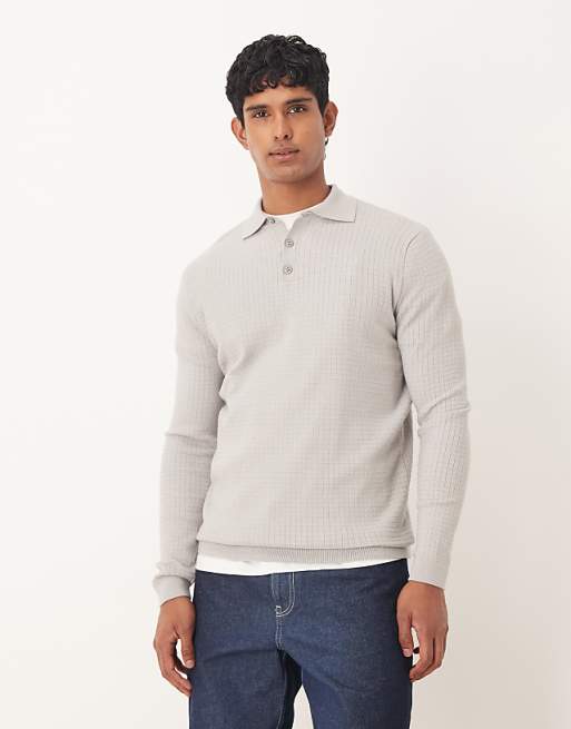 DESIGN textured knitted polo in grey
