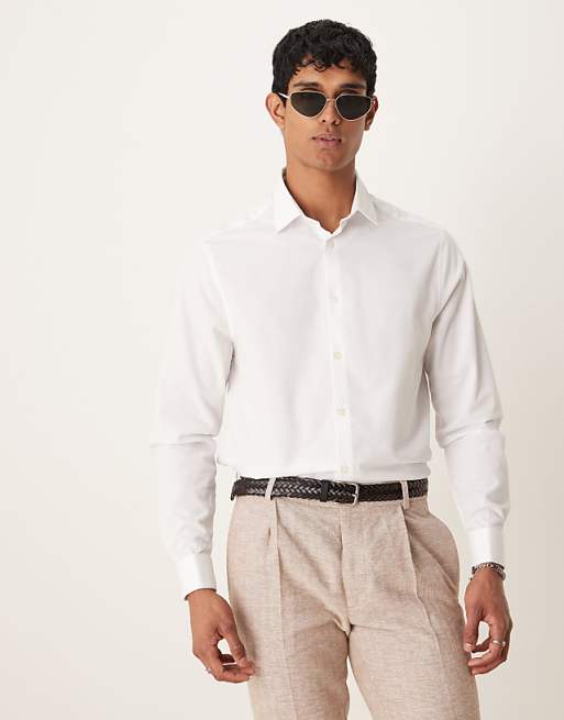 DESIGN Textured Regular Shirt With Cuff Detail In White