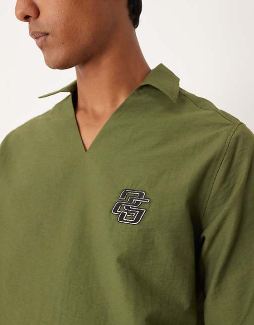 DESIGN Textured Relaxed Overhead Shirt With Chest Embroidery In Khaki